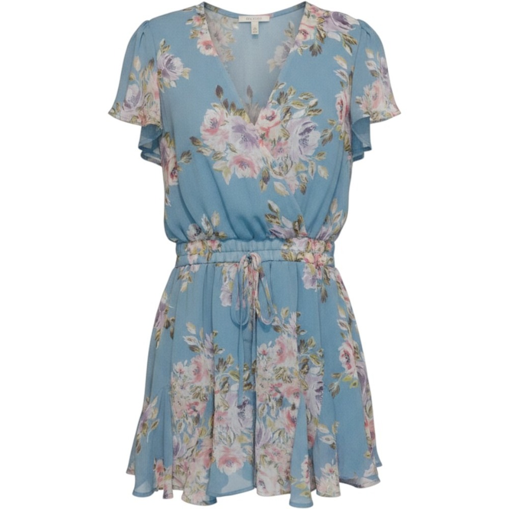 Trixxi Woman's Small Floral Romper Blue Flutter Sleeve V-Neck Keyhole Back
